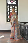 Red Soft Tussar Silk Saree with Madhubani Prints