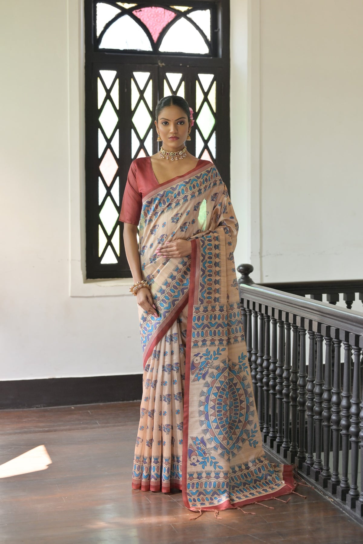 Red Soft Tussar Silk Saree with Madhubani Prints