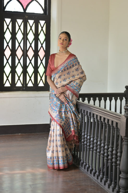 Red Soft Tussar Silk Saree with Madhubani Prints