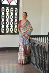 Red Soft Tussar Silk Saree with Madhubani Prints