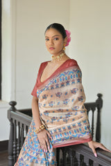 Red Soft Tussar Silk Saree with Madhubani Prints