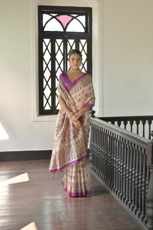 Wine Soft Tussar Silk Saree with Madhubani Prints