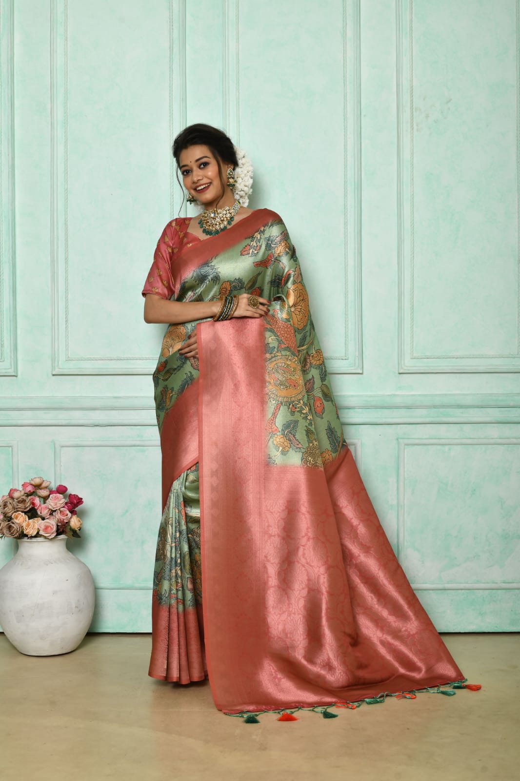 Aqua Green Soft Silk Saree with Kalamkari Prints