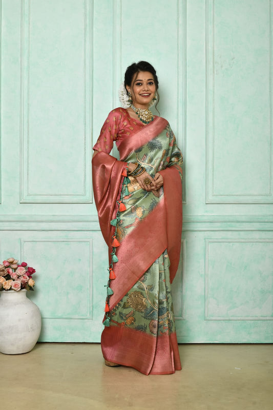 Aqua Green Soft Silk Saree with Kalamkari Prints