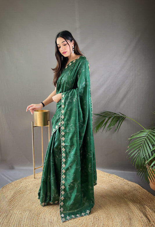 Green Pure Ruhi Silk Embroidered Saree with Blouse