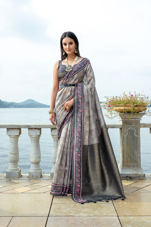 Gray Color Elegant Soft Silk Saree with Floral Printed Contrast Border, Rich Zari Pallu & All-Over Zari Weaving Pattern | Designer Saree with Contrast Blouse Piece.