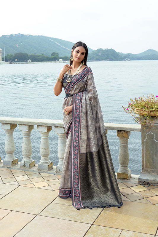 Gray Color Elegant Soft Silk Saree with Floral Printed Contrast Border, Rich Zari Pallu & All-Over Zari Weaving Pattern | Designer Saree with Contrast Blouse Piece.