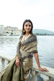 Mahendi Color Elegant Soft Silk Saree with Floral Printed Contrast Border, Rich Zari Pallu & All-Over Zari Weaving Pattern | Designer Saree with Contrast Blouse Piece.