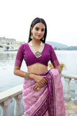 Pink Color Elegant Soft Silk Saree with Floral Printed Contrast Border, Rich Zari Pallu & All-Over Zari Weaving Pattern | Designer Saree with Contrast Blouse Piece.