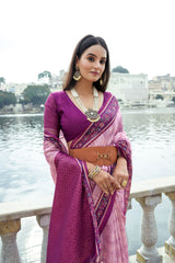 Pink Color Elegant Soft Silk Saree with Floral Printed Contrast Border, Rich Zari Pallu & All-Over Zari Weaving Pattern | Designer Saree with Contrast Blouse Piece.