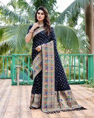 Premium Black Bandhej Paithani Silk Saree with Zari Weaving, Rich Pallu & Matching Blouse – Elegant and Comfortable Designer Drapes.