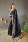 Black Pure Tussar Silk Saree with Embroidery Work