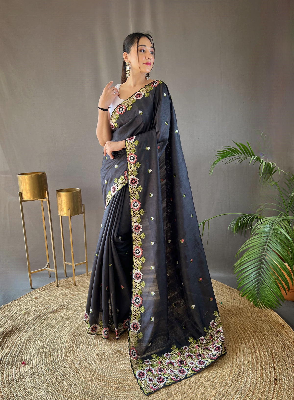 Black Pure Tussar Silk Saree with Embroidery Work