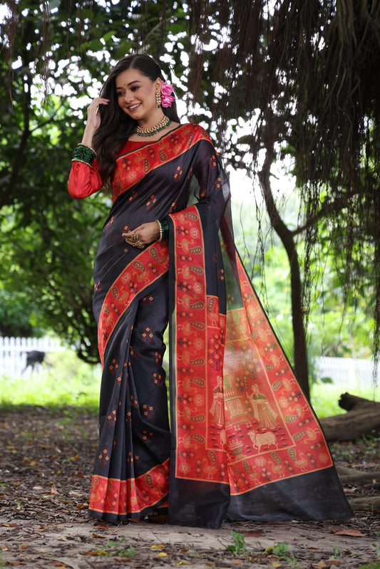 Black Soft Tussar Silk Saree with Beautiful Peacock Prints, Traditional Printed Pallu & Contrast Border | Saree with Contrast Blouse Piece.