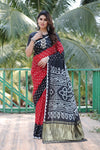 Premium Black Pure Bandhej Silk Saree with Zari Weaving, Rich Tissue Pallu & Unstitched Blouse Piece.