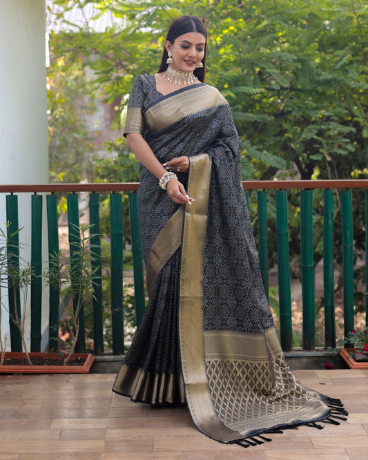 Exclusive Black Handloom Silk Bandhej Patola Sarees with Kanchi Borders & Unstitched Blouse Piece.