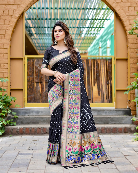 Premium Black Bandhej Paithani Silk Saree – High Quality, Stylish Design with Zari Weaving, Paithani Border, Rich Pallu, and Matching Blouse.