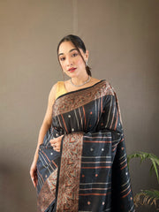 Elegantly Black Woven Silk Saree with Silver, Copper, and Antique Detailing: Jacquard Border and All-Over Zari Lining with Unstitched Blouse Piece