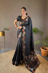 Black Color Pure Soft Silk Saree with Copper & Gold Weaving, Floral Panel, All-Over Buttis | Fully Woven Unstitched Blouse.