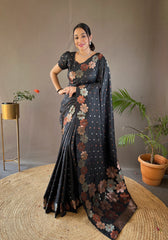 Black Color Pure Soft Silk Saree with Copper & Gold Weaving, Floral Panel, All-Over Buttis | Fully Woven Unstitched Blouse.