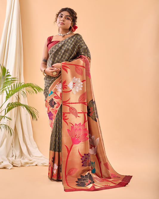 Authentic Black Paithani Silk Sari with Grand Paithani Border, Contrast Richly Woven Pallu, and Meenakari Motifs