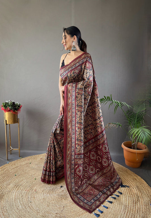 Black Digital Print Semi Silk Saree with Soft Weaves, Elegant Pallu & Border, Tassels, and Unstitched Blouse Piece.