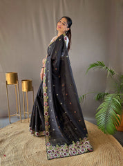 Black Pure Tussar Silk Saree with Embroidery Work