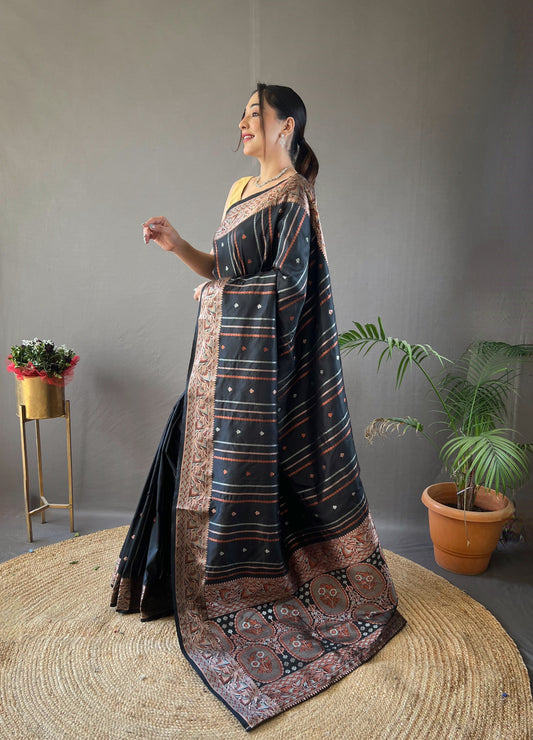 Elegantly Black Woven Silk Saree with Silver, Copper, and Antique Detailing: Jacquard Border and All-Over Zari Lining with Unstitched Blouse Piece