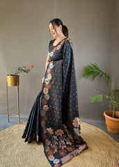 Black Color Pure Soft Silk Saree with Copper & Gold Weaving, Floral Panel, All-Over Buttis | Fully Woven Unstitched Blouse.