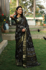 Premium Black Handmade Bandhej Silk Saree – High-Quality, Stylish with Jari Weaving Border, Bandhej Rich Pallu & Matching Blouse.