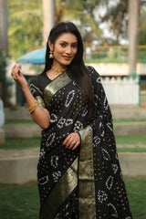 Premium Black Handmade Bandhej Silk Saree – High-Quality, Stylish with Jari Weaving Border, Bandhej Rich Pallu & Matching Blouse.