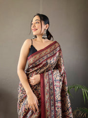 Black Digital Print Semi Silk Saree with Soft Weaves, Elegant Pallu & Border, Tassels, and Unstitched Blouse Piece.