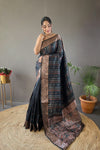 Elegantly Black Woven Silk Saree with Silver, Copper, and Antique Detailing: Jacquard Border and All-Over Zari Lining with Unstitched Blouse Piece