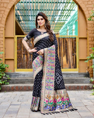 Premium Black Bandhej Paithani Silk Saree – High Quality, Stylish Design with Zari Weaving, Paithani Border, Rich Pallu, and Matching Blouse.