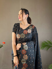 Black Color Pure Soft Silk Saree with Copper & Gold Weaving, Floral Panel, All-Over Buttis | Fully Woven Unstitched Blouse.