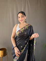 Black Pure Tussar Silk Saree with Embroidery Work