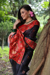 Black Soft Tussar Silk Saree with Beautiful Peacock Prints