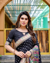 Premium Black Bandhej Paithani Silk Saree – High Quality, Stylish Design with Zari Weaving, Paithani Border, Rich Pallu, and Matching Blouse.