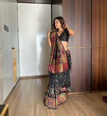 Black Color Luxurious Kashmiri Pashmina Silk Saree with Vibrant Meena Weaves, Exquisite Pallu & Fancy Tassels.