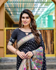 Premium Black Bandhej Paithani Silk Saree – High Quality, Stylish Design with Zari Weaving, Paithani Border, Rich Pallu, and Matching Blouse.