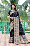 Premium Black Bandhej Paithani Silk Saree with Zari Weaving, Rich Pallu & Matching Blouse – Elegant and Comfortable Designer Drapes.