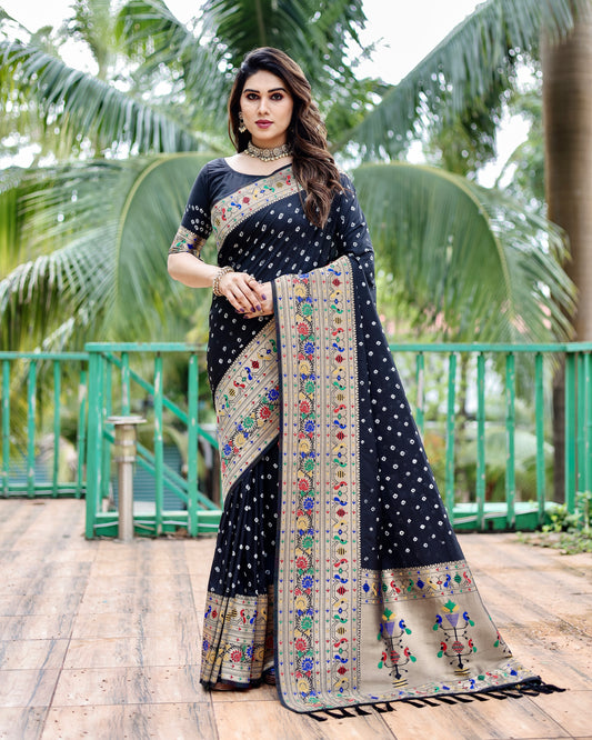 Premium Black Bandhej Paithani Silk Saree with Zari Weaving, Rich Pallu & Matching Blouse – Elegant and Comfortable Designer Drapes.