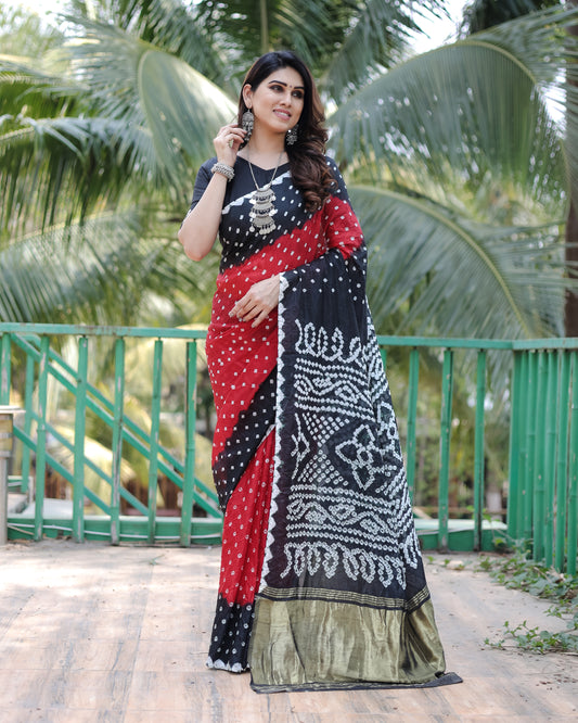 Black Pure Bandhej Silk Saree With Tissue Pallu