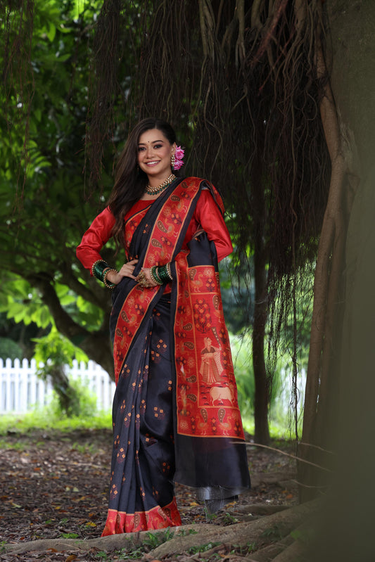 Black Soft Tussar Silk Saree with Beautiful Peacock Prints