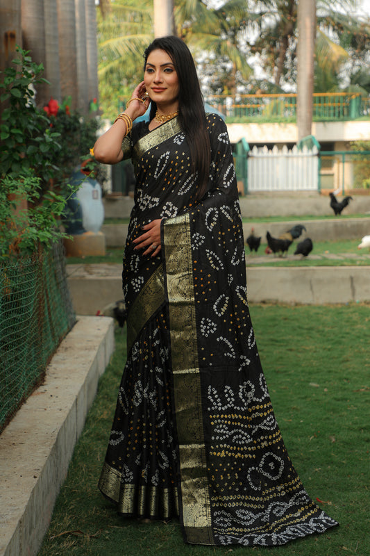 Premium Black Handmade Bandhej Silk Saree – High-Quality, Stylish with Jari Weaving Border, Bandhej Rich Pallu & Matching Blouse.