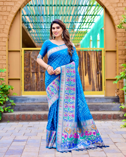 Premium Blue Bandhej Paithani Silk Saree – High Quality, Stylish Design with Zari Weaving, Paithani Border, Rich Pallu, and Matching Blouse.