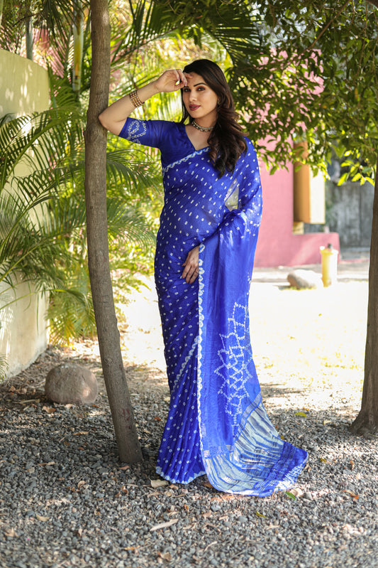 Blue Bandhej Silk Saree with Bandhej Border