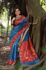 Blue Soft Tussar Silk Saree with Beautiful Peacock Prints