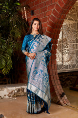 Blue Pure Kanjivaram Soft Satin Silk Saree