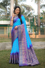 Blue Handmade Bandhej Kanjivaram Silk Saree With Bandhej Design